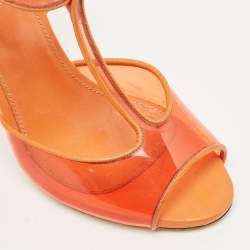 Sergio Rossi Orange Patent Leather and PVC Open Toe T-Strap Sandals Size 37