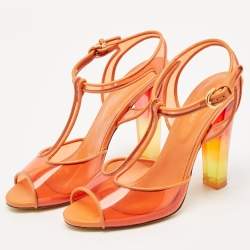 Sergio Rossi Orange Patent Leather and PVC Open Toe T-Strap Sandals Size 37