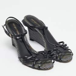 Sergio Rossi Black/White Leather Wedge Sandals Size 38.5