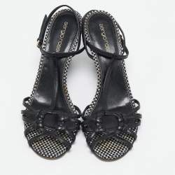 Sergio Rossi Black/White Leather Wedge Sandals Size 38.5