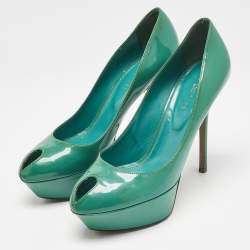 Pre Owned Sergio Rossi Green Patent Leather Peep Toe Platform Pumps Size 38