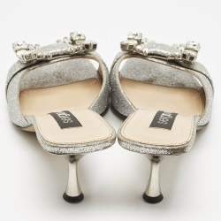 Sergio Rossi Silver Glitter Crystal Embellished Mules Size 38