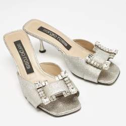 Sergio Rossi Silver Glitter Crystal Embellished Mules Size 38