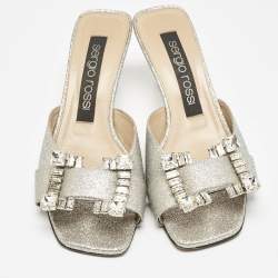 Sergio Rossi Silver Glitter Crystal Embellished Mules Size 38
