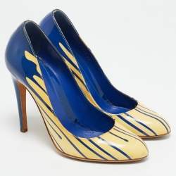 Pre Owned Sergio Rossi Cream/Blue Patent Leather Round Toe Pumps Size 38