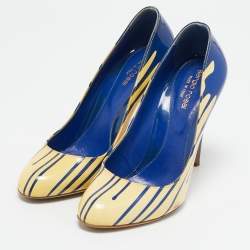 Pre Owned Sergio Rossi Cream/Blue Patent Leather Round Toe Pumps Size 38