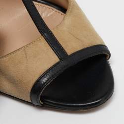 Sergio Rossi Beige/Black Leather and  Suede T-strap Pumps Sandals Size 38