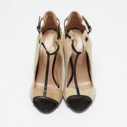 Sergio Rossi Beige/Black Leather and  Suede T-strap Pumps Sandals Size 38