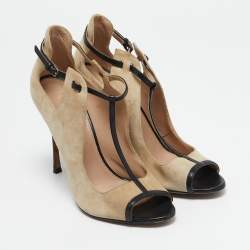 Sergio Rossi Beige/Black Leather and  Suede T-strap Pumps Sandals Size 38