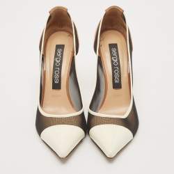 Pre Owned حذاء كعب عالي سيرجيو روسي مقدمة مدببة شبكة جلد لامع أبيض/بني مقاس 40.5