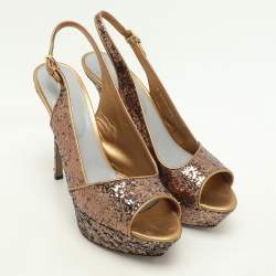 Sergio Rossi Metallic Glitter Slingback Platform Sandals Size 40.5