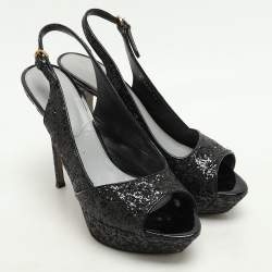 Sergio Rossi Metallic Black Glitter Slingback Platform Sandals Size 41