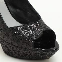 Sergio Rossi Metallic Black Glitter Slingback Platform Sandals Size 41