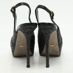 Sergio Rossi Metallic Black Glitter Slingback Platform Sandals Size 41