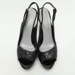 Sergio Rossi Metallic Black Glitter Slingback Platform Sandals Size 41