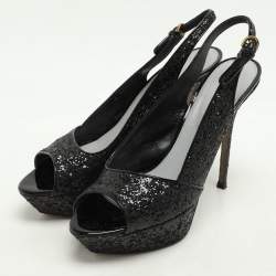 Sergio Rossi Metallic Black Glitter Slingback Platform Sandals Size 41