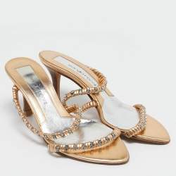 Sergio Rossi Gold Leather Crystal Embellished  Slide Sandals Size 35