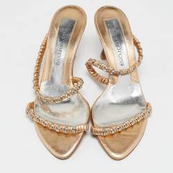 Sergio Rossi Gold Leather Crystal Embellished  Slide Sandals Size 35