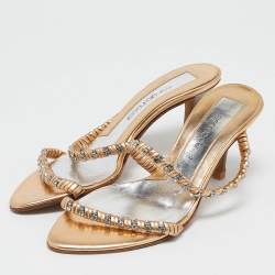 Sergio Rossi Gold Leather Crystal Embellished  Slide Sandals Size 35