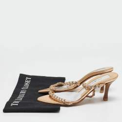 Sergio Rossi Gold Leather Crystal Embellished  Slide Sandals Size 35