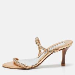 Sergio Rossi Gold Leather Crystal Embellished  Slide Sandals Size 35