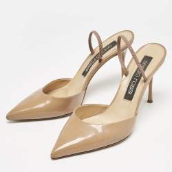 Sergio Rossi Beige Patent Leather Godiva Pointed Toe Slingback Pumps Size 40