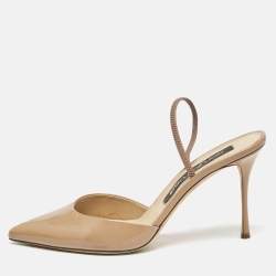 Sergio Rossi Beige Patent Leather Godiva Pointed Toe Slingback Pumps Size 40