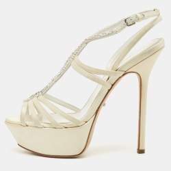 Sergio Rossi Cream Satin Crystal Embellished Platform Sandals Size 35.5