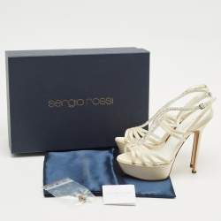 Sergio Rossi Cream Satin Crystal Embellished Platform Sandals Size 35.5