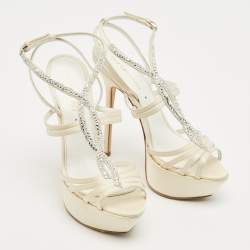 Sergio Rossi Cream Satin Crystal Embellished Platform Sandals Size 35.5