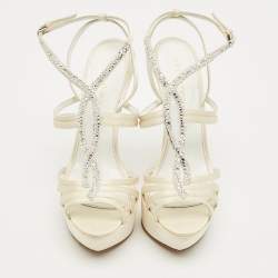 Sergio Rossi Cream Satin Crystal Embellished Platform Sandals Size 35.5
