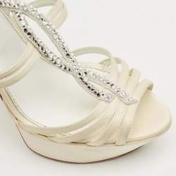 Sergio Rossi Cream Satin Crystal Embellished Platform Sandals Size 35.5