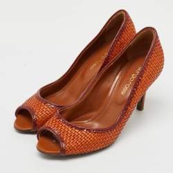 Sergio Rossi Burnt Orange Woven Leather Peep Toe Pumps Size 36