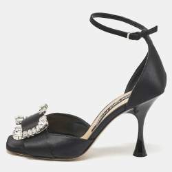 Sergio Rossi Black Satin Crystal Embellished Ankle Strap Sandals Size 38