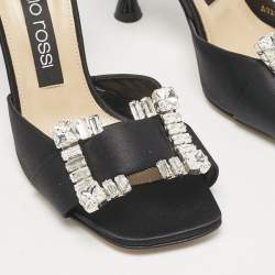 Sergio Rossi Black Satin Crystal Embellished Ankle Strap Sandals Size 38