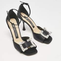 Sergio Rossi Black Satin Crystal Embellished Ankle Strap Sandals Size 38