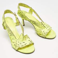 Pre Owned Sergio Rossi Lime Green Leather Lasercut Sandals Size 37.5