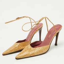 Sergio Rossi Beige Crocodile Leather Pointed Toe Ankle Strap Pumps Size 38.5
