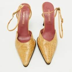 Sergio Rossi Beige Crocodile Leather Pointed Toe Ankle Strap Pumps Size 38.5
