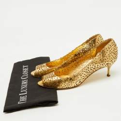 Sergio Rossi Metallic Gold Laser Cut Leather Open Toe Pumps Size 38.5