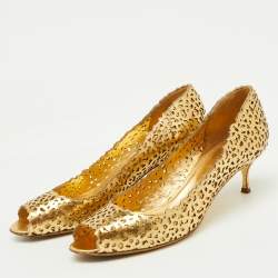 Sergio Rossi Metallic Gold Laser Cut Leather Open Toe Pumps Size 38.5