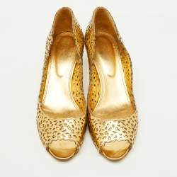 Sergio Rossi Metallic Gold Laser Cut Leather Open Toe Pumps Size 38.5