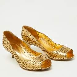 Sergio Rossi Metallic Gold Laser Cut Leather Open Toe Pumps Size 38.5