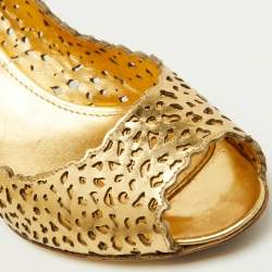Sergio Rossi Metallic Gold Laser Cut Leather Open Toe Pumps Size 38.5