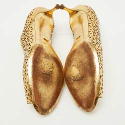 Sergio Rossi Metallic Gold Laser Cut Leather Open Toe Pumps Size 38.5