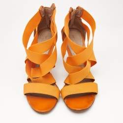 Pre Owned Sergio Rossi Orange  Leather and Elastic Strappy Sandals Size 37.5