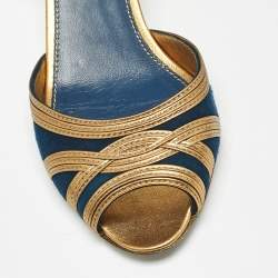 Sergio Rossi Navy Blue/Gold Leather and Suede Peep Toe Pumps Size 37.5