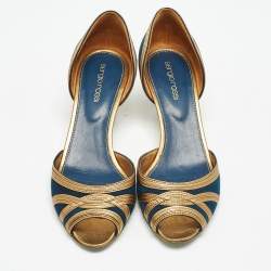 Sergio Rossi Navy Blue/Gold Leather and Suede Peep Toe Pumps Size 37.5