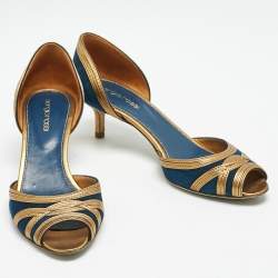 Sergio Rossi Navy Blue/Gold Leather and Suede Peep Toe Pumps Size 37.5