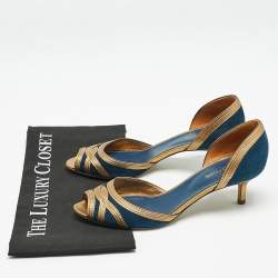 Sergio Rossi Navy Blue/Gold Leather and Suede Peep Toe Pumps Size 37.5
